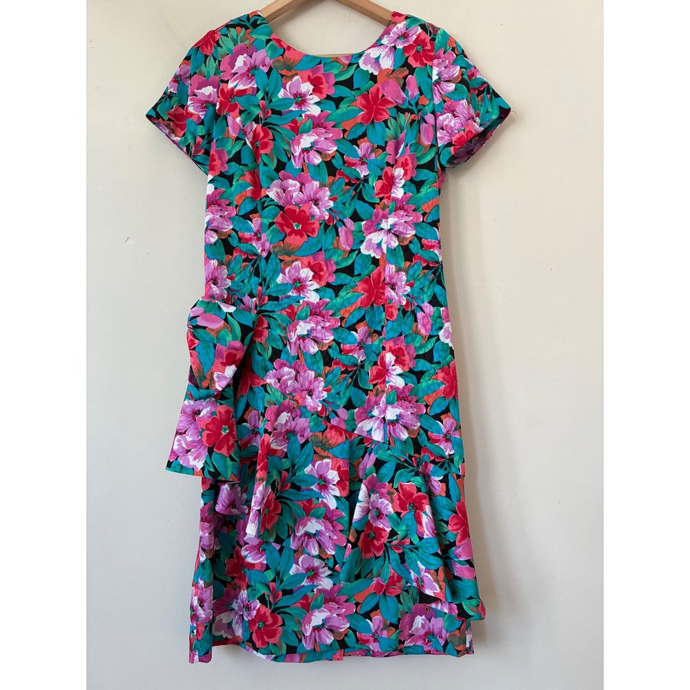 Maggy Boutique Vintage 80s Floral Bow Sheath Dress Pink Teal Size 10